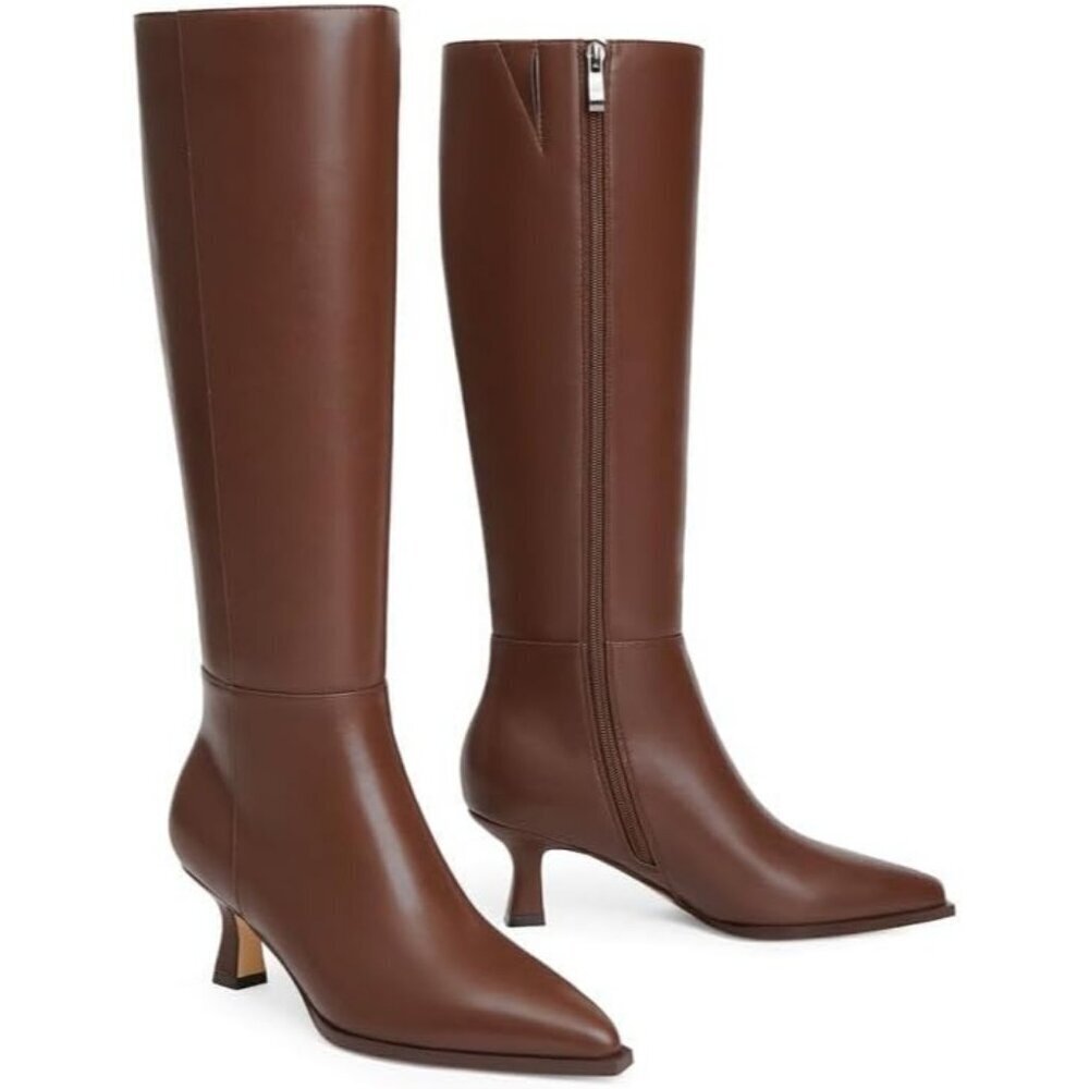 Women's Brown Modatope Knee High Boots for Faux Leather Low Heel Pointed Toe - Picture 3 of 7